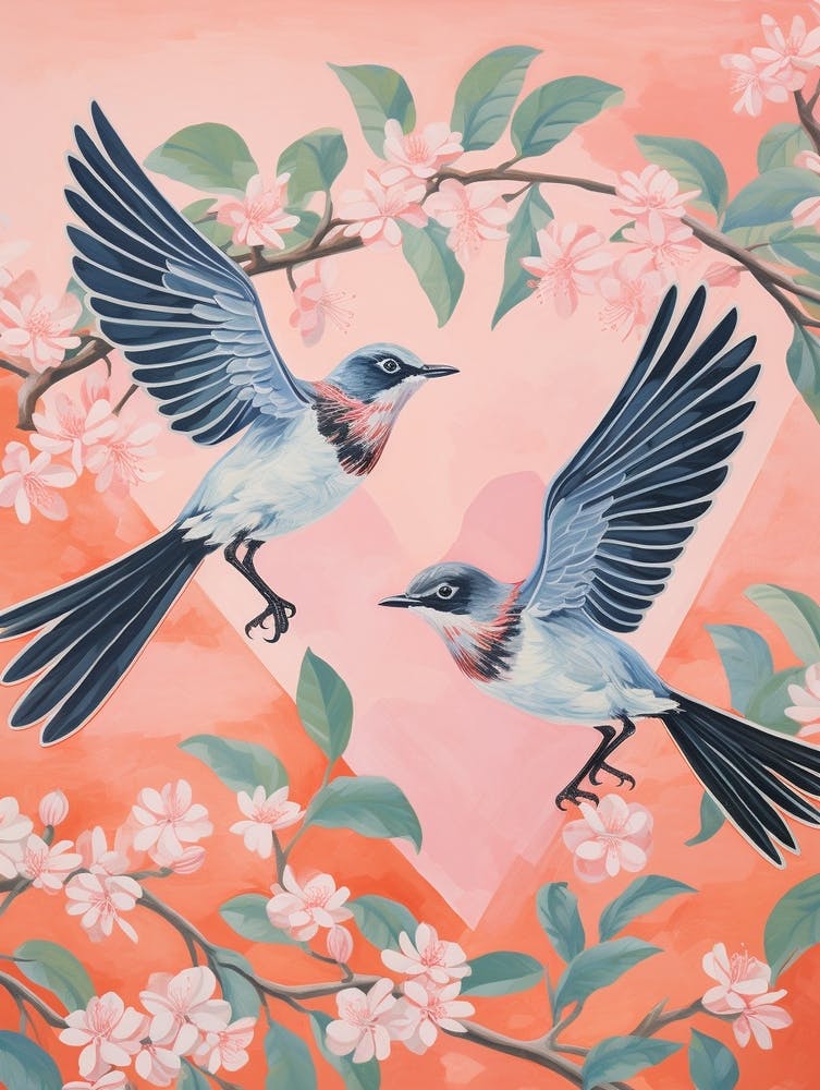 Vintage Japanese Inspired Bird Print Mockingbird 1
