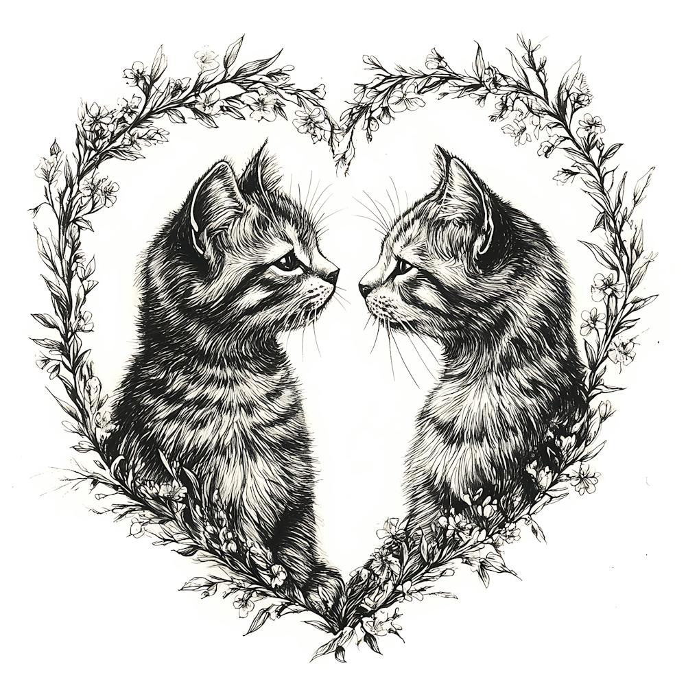 Delicate Ink Drawing of Cats Love Heart 13