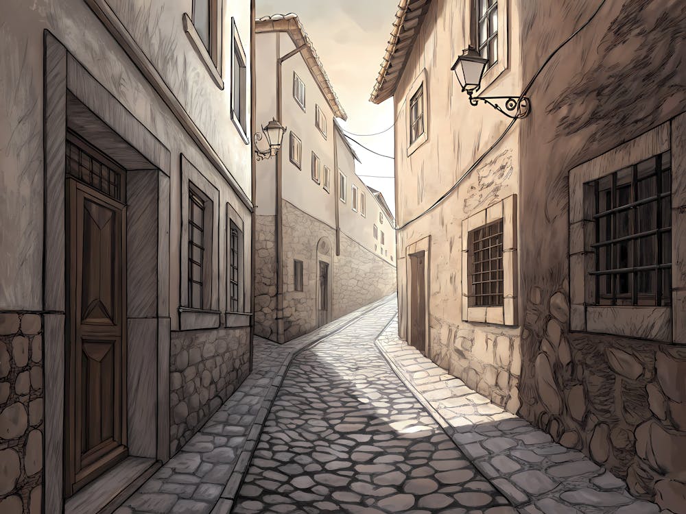 Minimalist Ink Sketch Of Narrow Medieval Alleywa