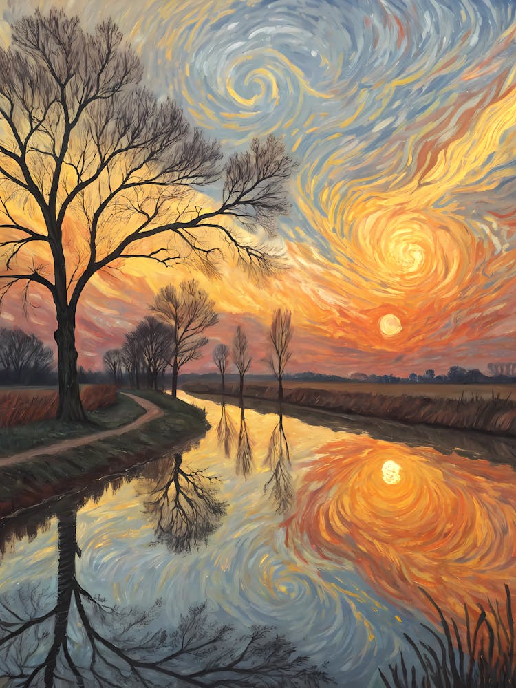 Van Gogh Sunset River Bare Trees & Swirling Sky