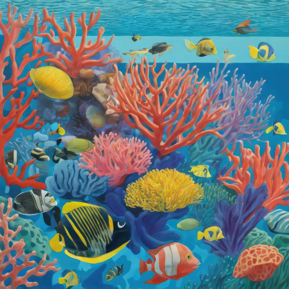 David Hockney Style: A Vibrant Coral Reef Teeming With Marine Life 1