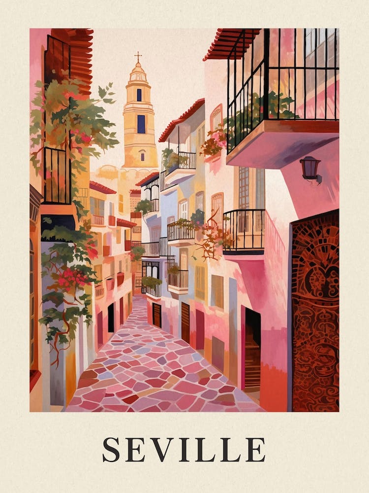 Seville Spain 5 Vintage Pink Travel Illustration Poster