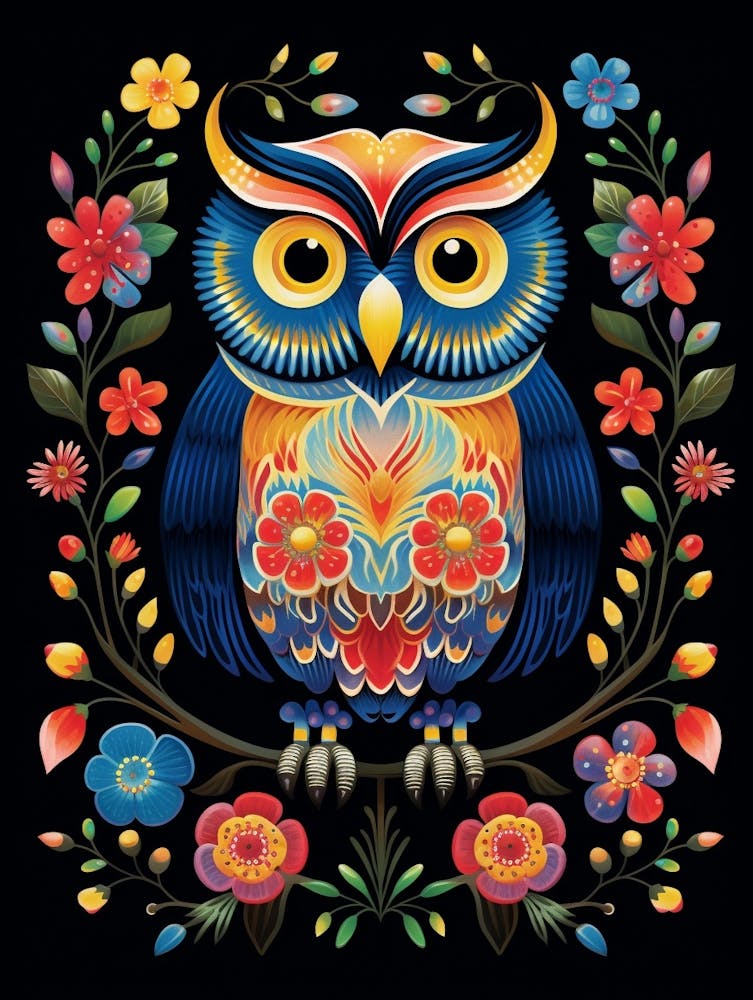 Folk Bird Illustration Great Horned Owl 1