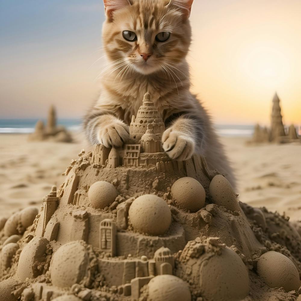 Cats building huge sandcastles
