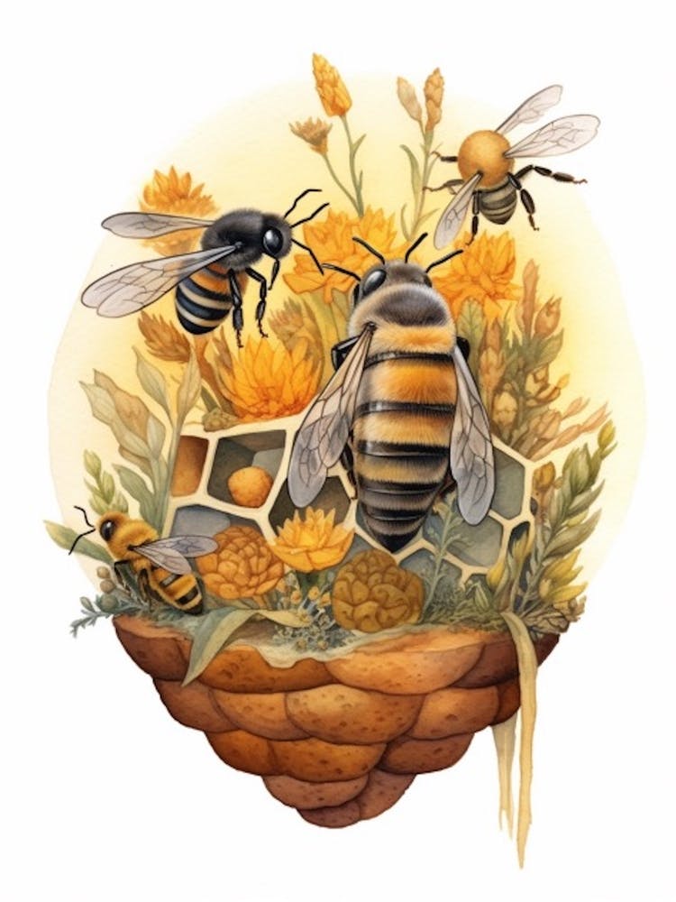 Wool Carder Mimic Bee Beehive Watercolour Illustration 4