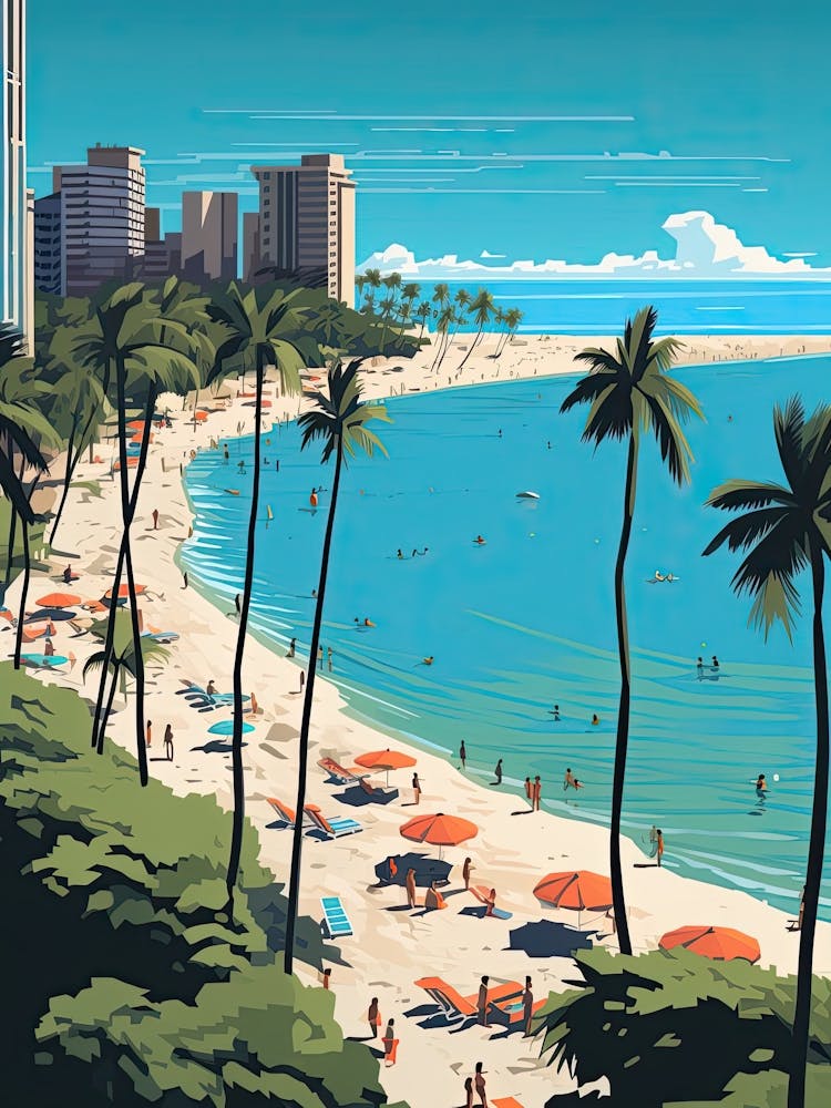 Waikiki Beach Hawaii, Usa, Flat Illustration 4