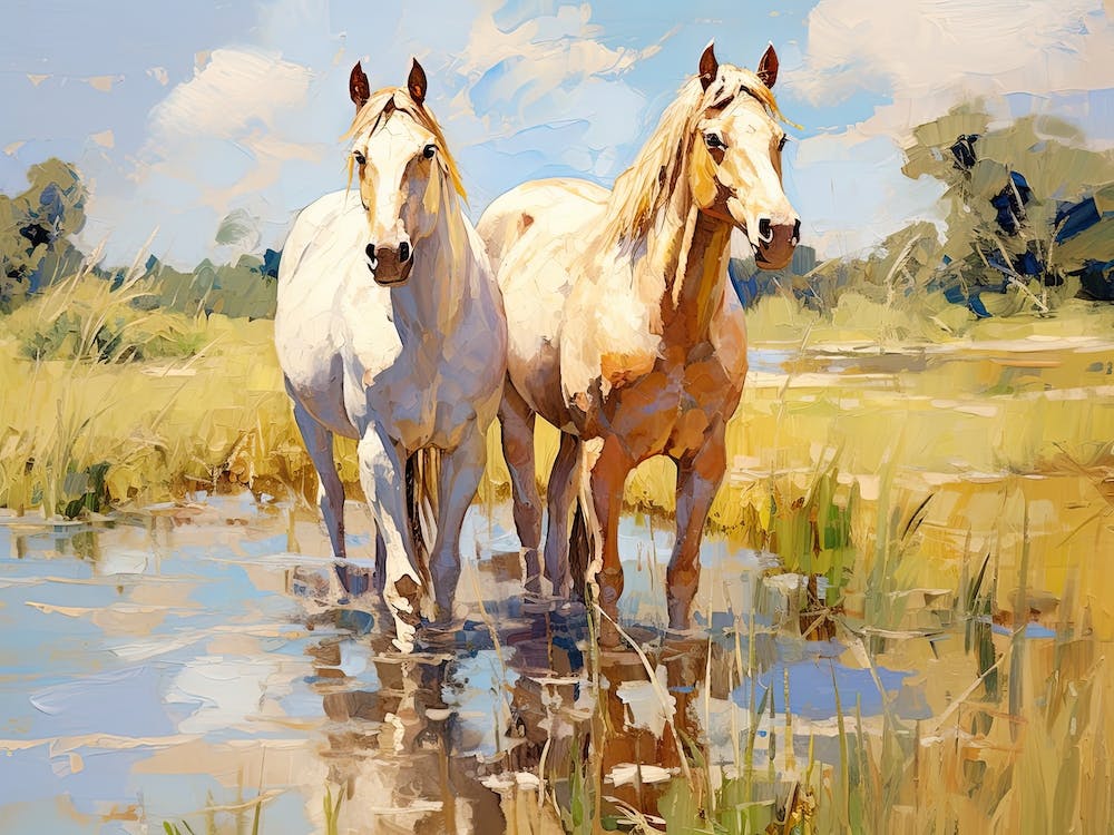 Horses Painting In Loire Valley, France, Landscape 1