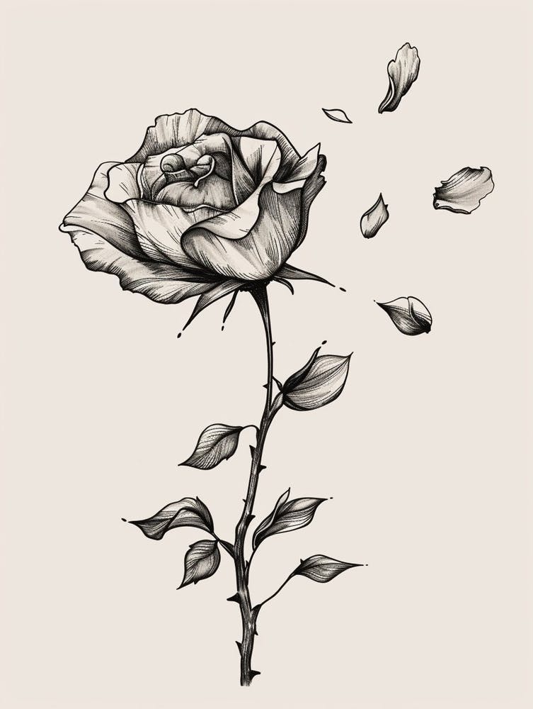 English Rose Petals Line Drawing 4