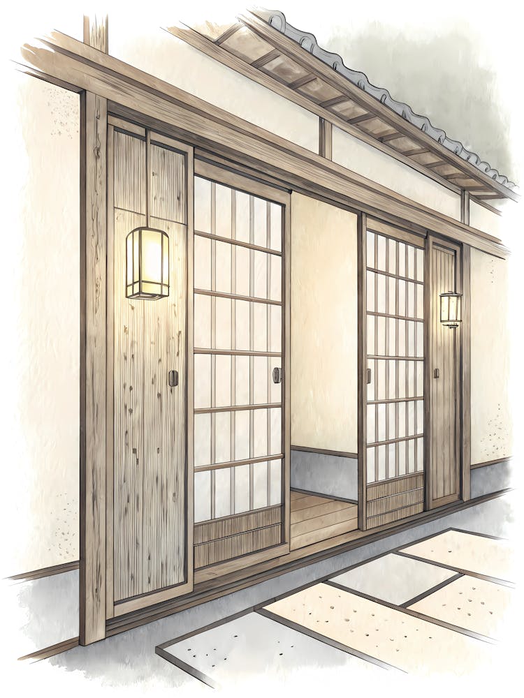 Minimalist Ink Sketch Of Wooden Shoji Doors With