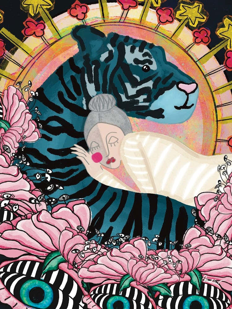 Eine Frau, die auf einem Tiger schläft, umgeben von Blumen und Sternen