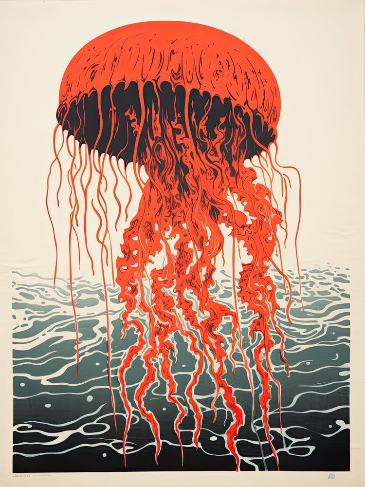 Jellyfish, Woodblock Animal Drawing 1