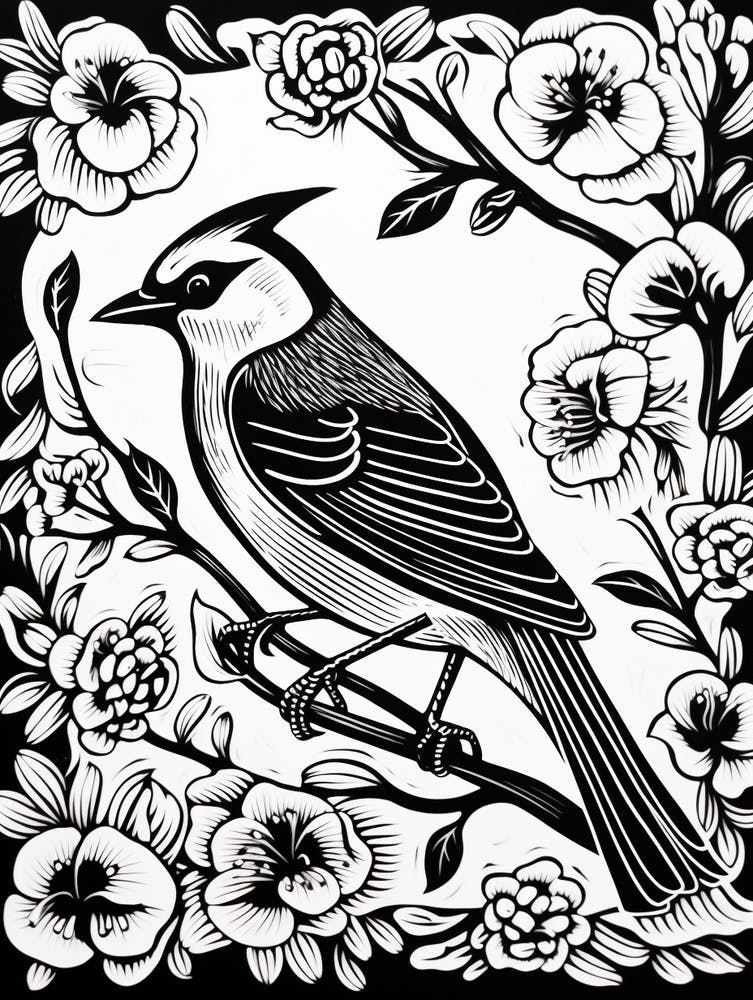 B&W Bird Linocut Cedar Waxwing 1