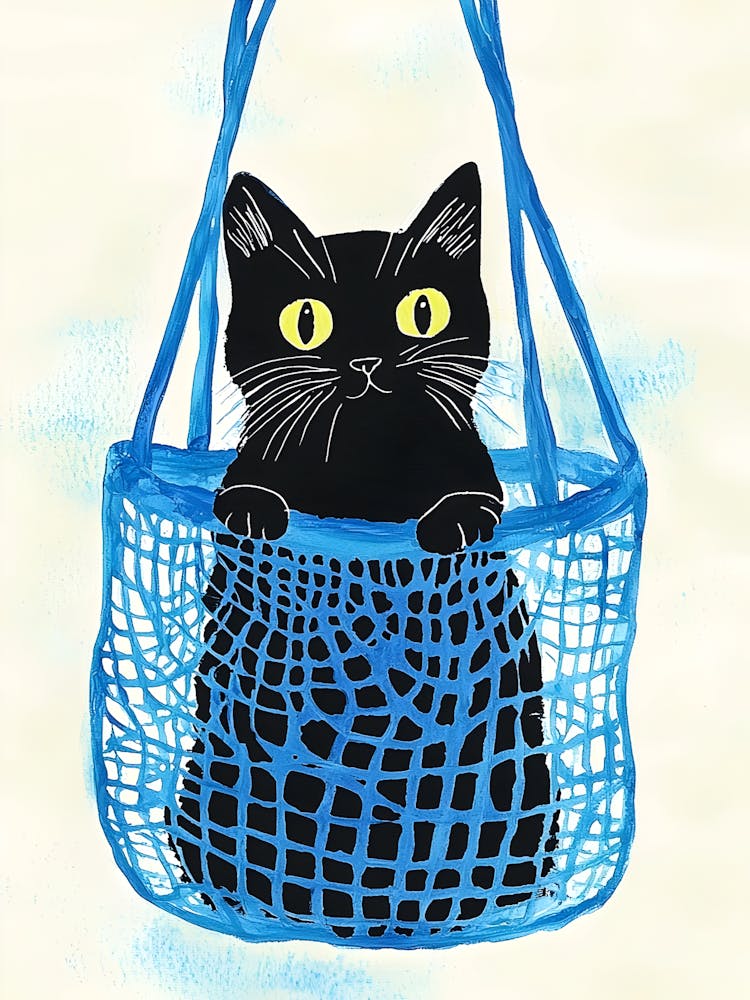 Black Cat In Blue Basket
