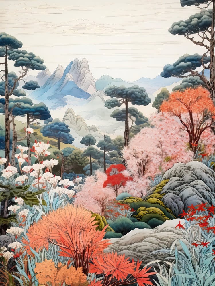Ritsurin-Garten in Kagawa, Ukiyo-e-Zeichnung 1