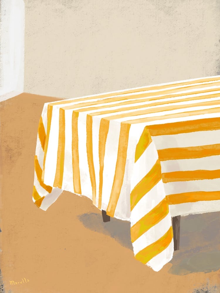 sunny empty room with striped tablecloth