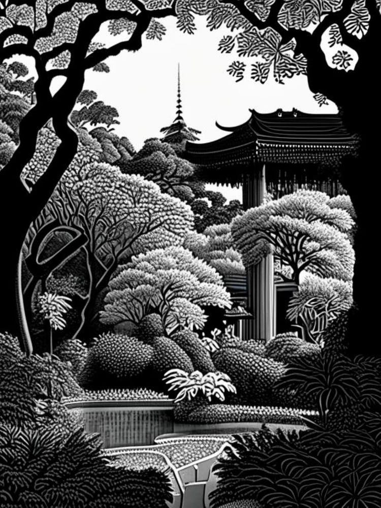 Shinjuku Gyoen National Garden, Japan Linocut Black And White Vintage