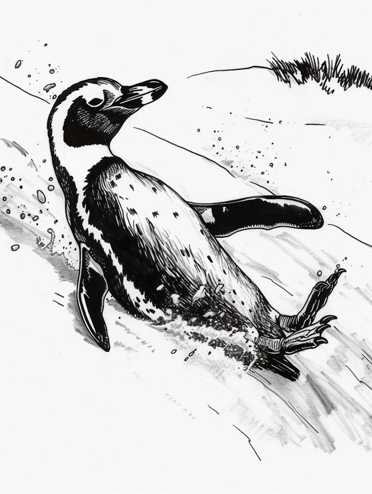 African Penguin Sliding Down Snowy Slopes 5