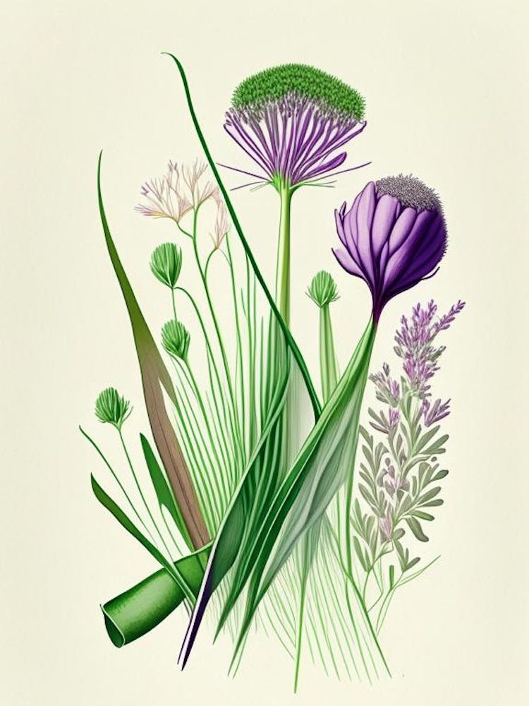 Chives Spices And Herbs Retro Drawing 1
