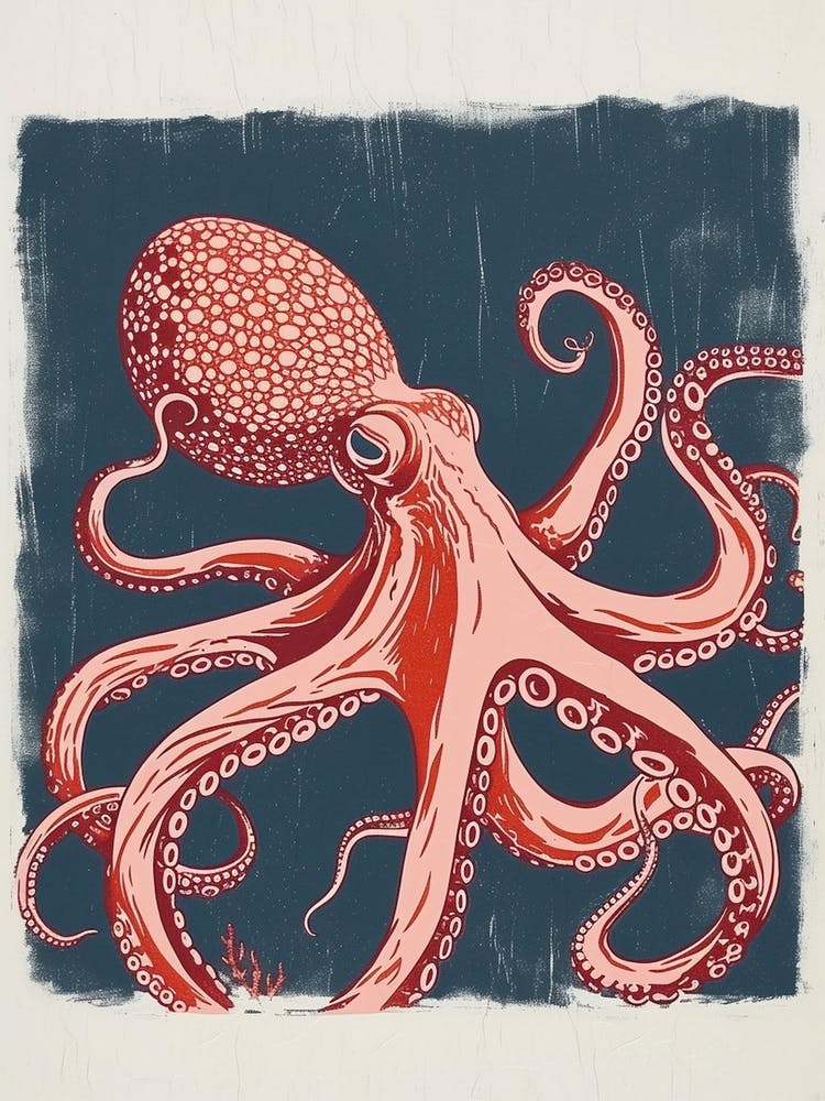 Navy Blue & Red Linocut Inspired Octopus 2