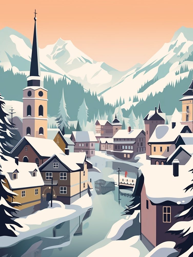 Vintage Winter Travel Illustration Hallstatt Austria 3