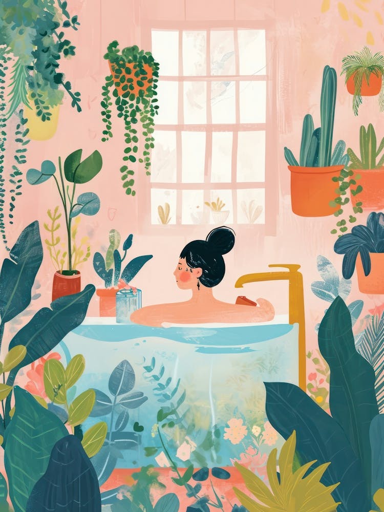 Girl Having A Bath With Plants Lo Fi Kawaii Illustration 1