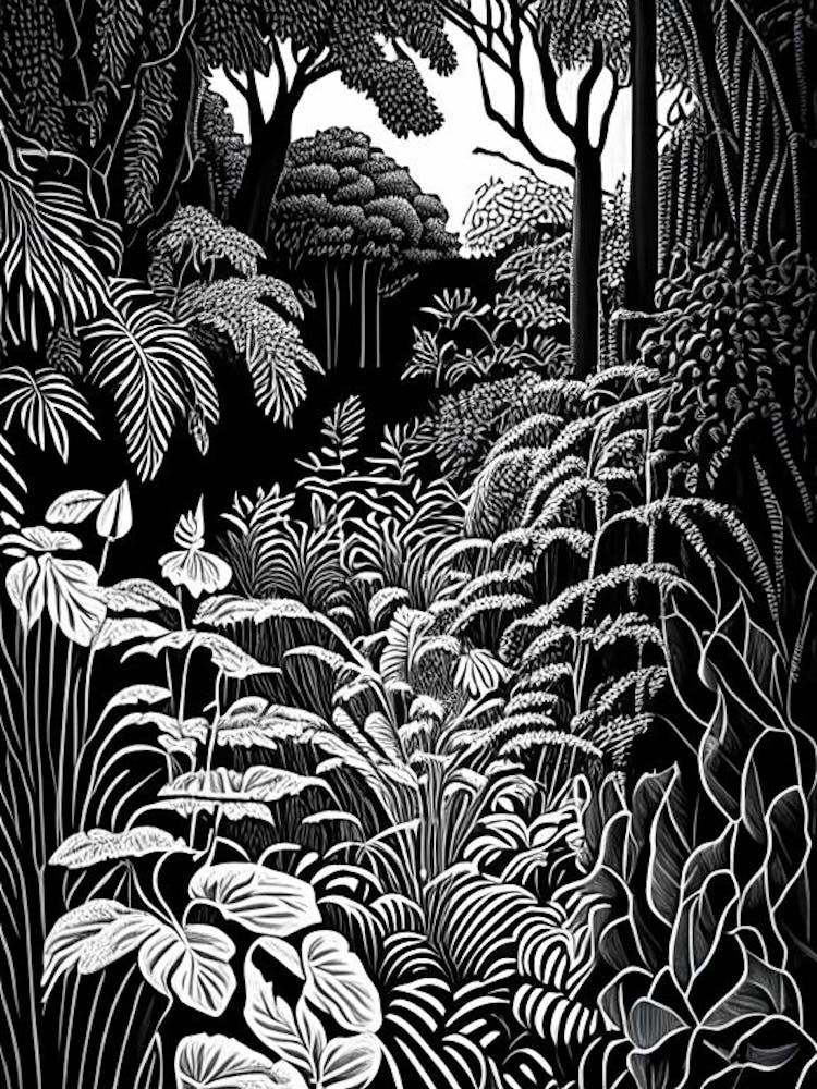 Jardin Botanique De Montréal, Canada Linocut Black And White Vintage