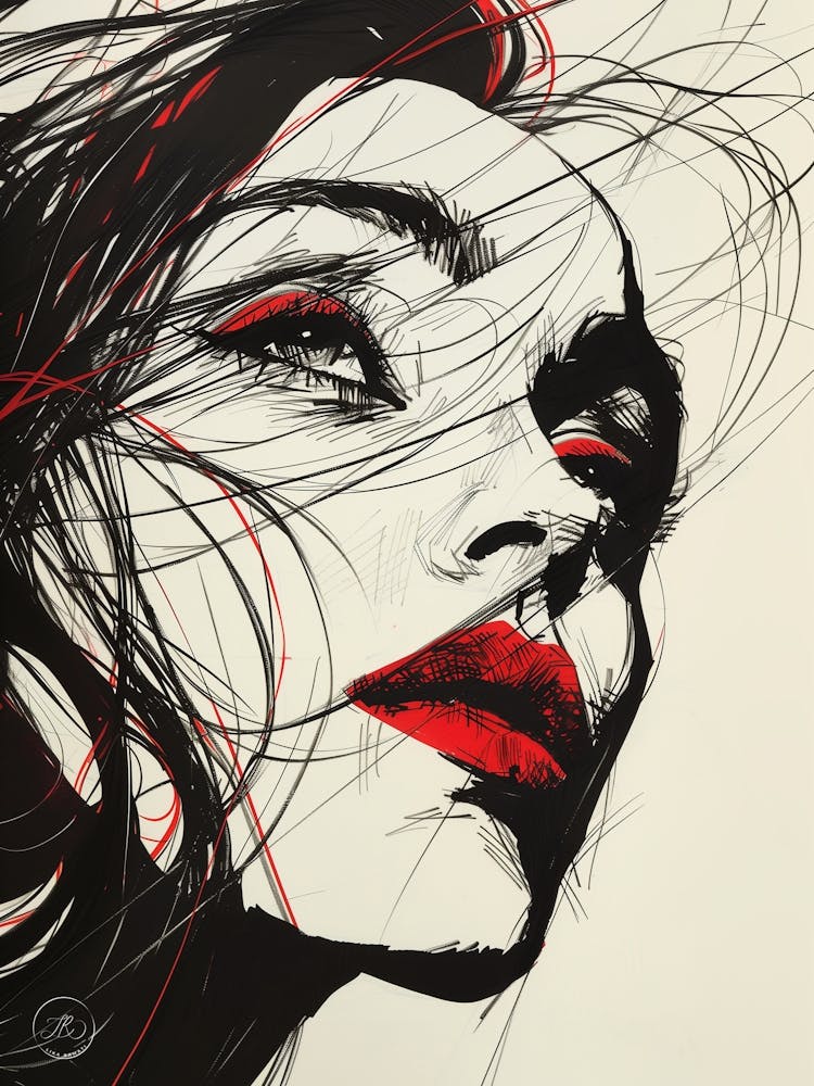 ink drawing of a girl With Red Lips