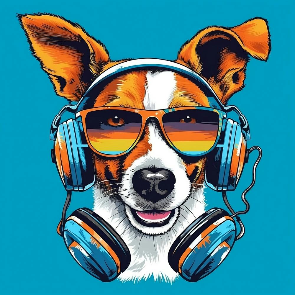 Jack Russell with Glasses and Headphones