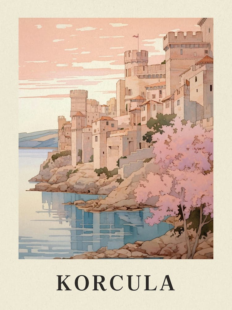 Korcula Croatia 1 Vintage Pink Travel Illustration Poster