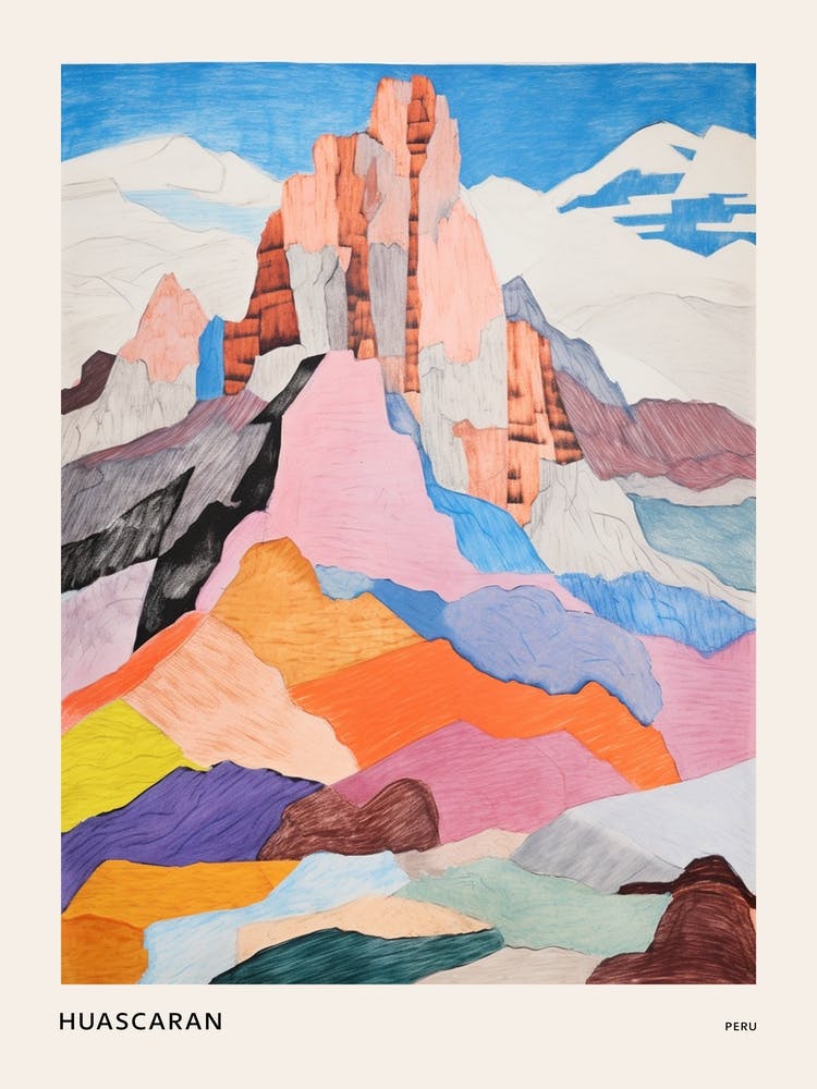 Huascaran Peru 3 Colourful Mountain Illustration Poster