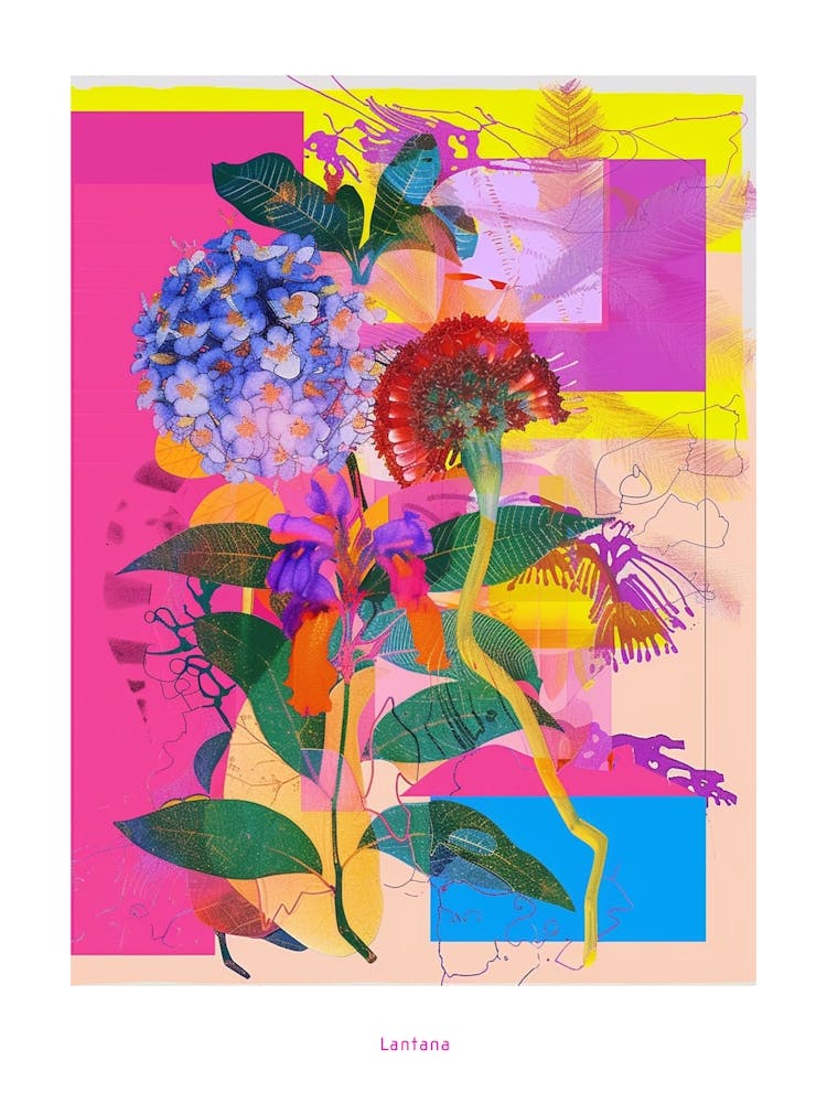 Lantana 4 Neon Flower Collage Poster