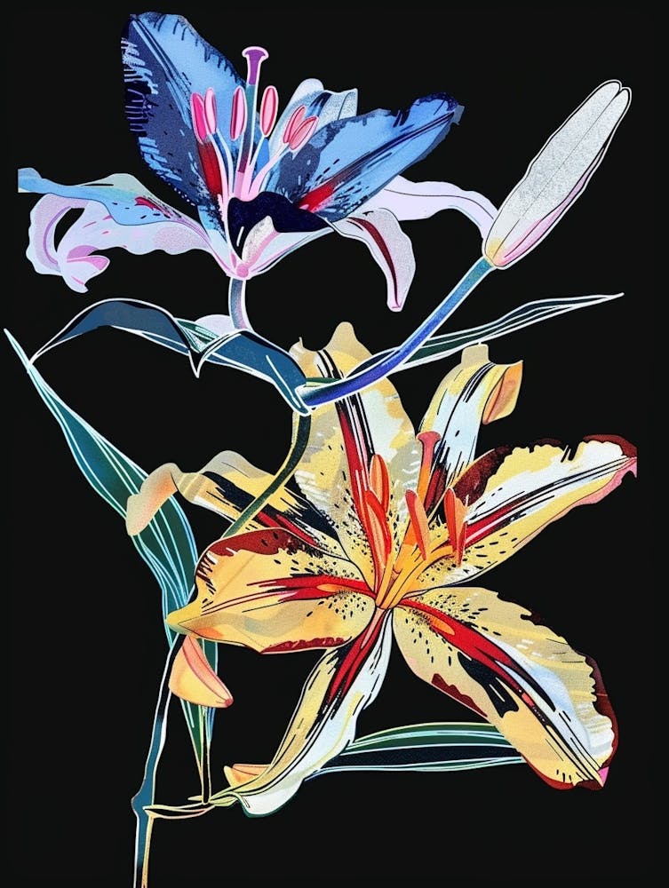 Neon Flowers On Black Lily 1