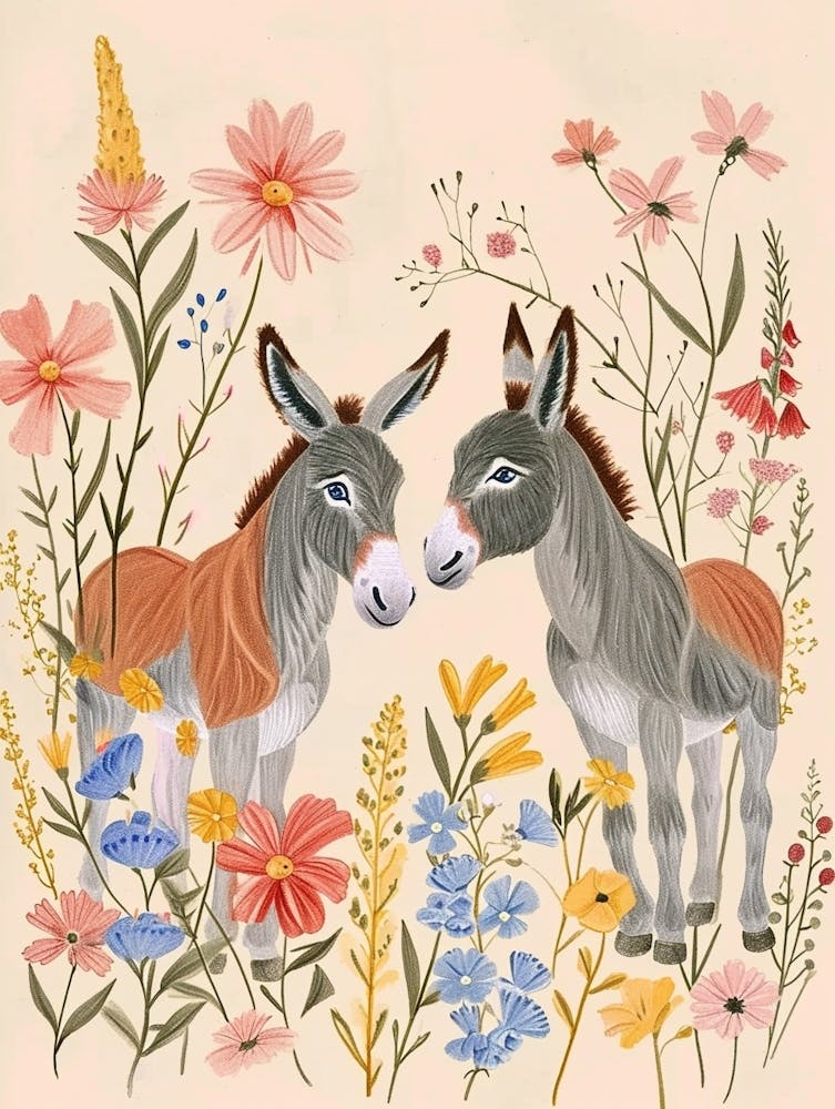 Folksy Floral Animal Drawing Donkey 3