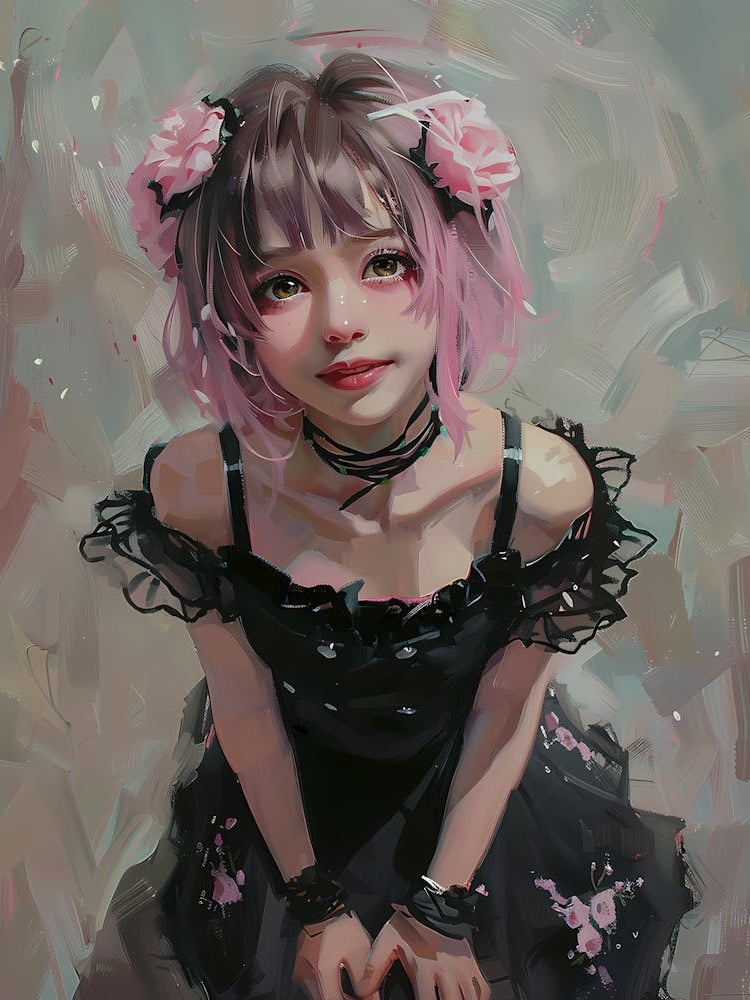 Anime Girl In Black Dress - Smiling 2