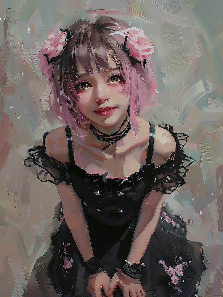 Anime Girl In Black Dress - Smiling 2