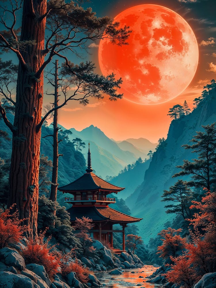 Japanese Moon Landscape: A serene Japanese landscape with a red moon, cherry trees, and mountains. A vaporwave-inspired night blending nature, fantasy, and mystic Japanese culture.