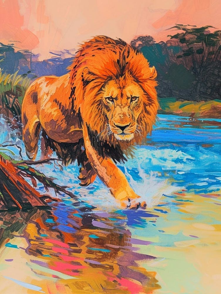 Masai Lion Crossing A River Fauvist Painting 2
