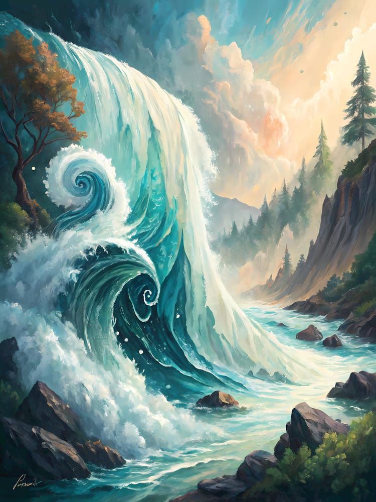Mighty Waterfall oil Painting Abstract River Landscape with Majestic Falls