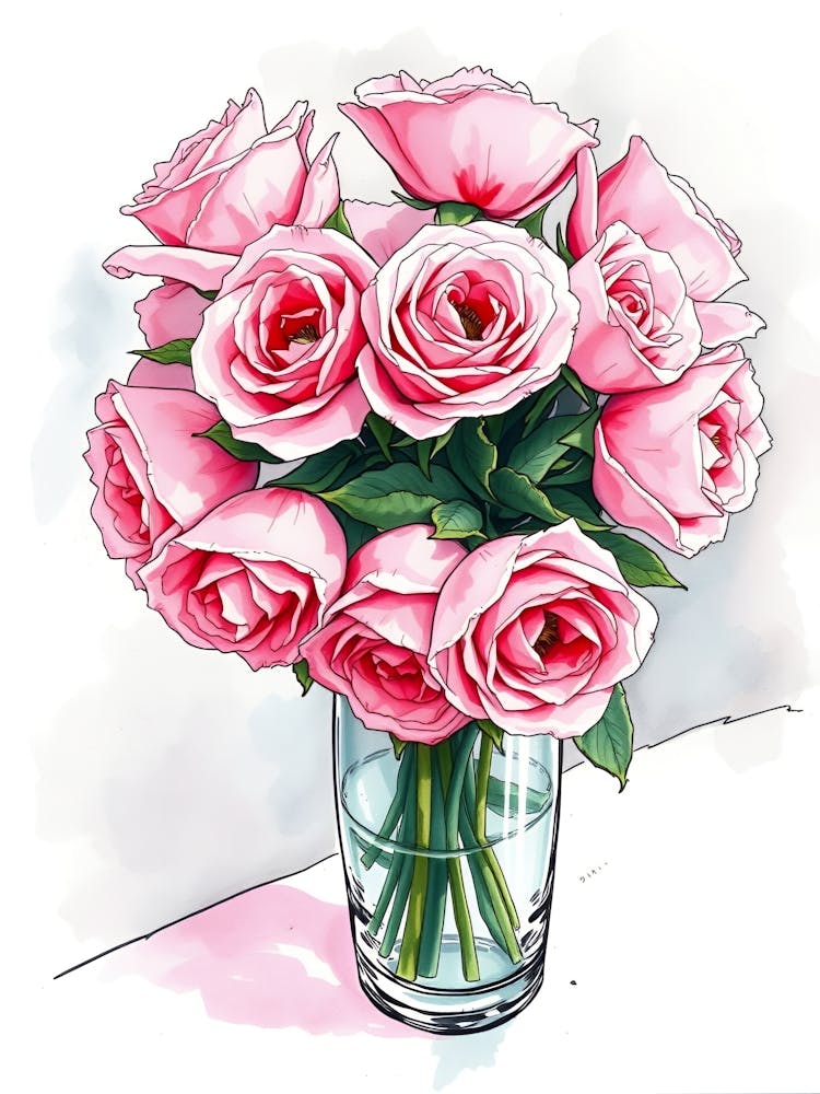 Pink Roses In Vase