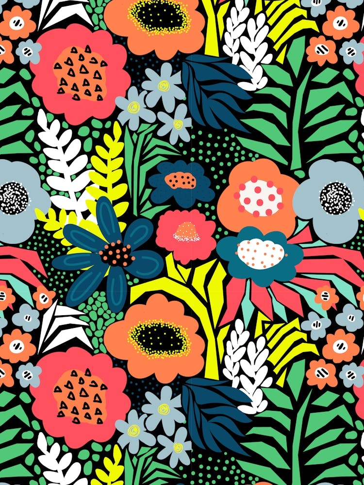 Paper Cut And Doodle Floral Collage Neon Rainbow On Black