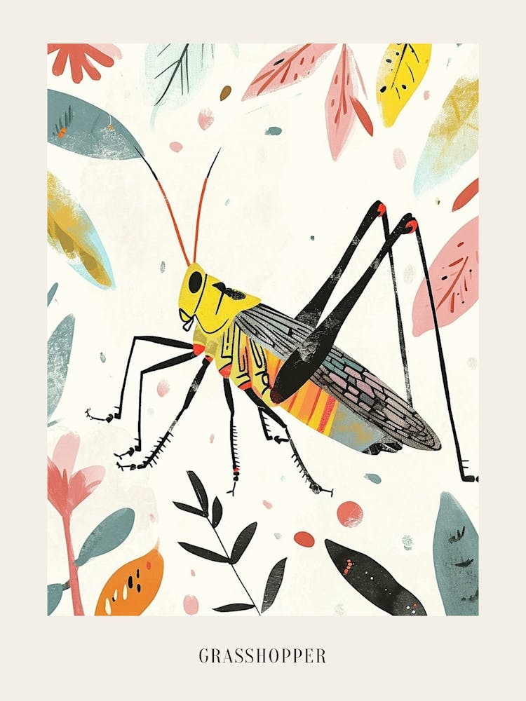 Colourful Insect Illustration Grasshopper 10 Poster