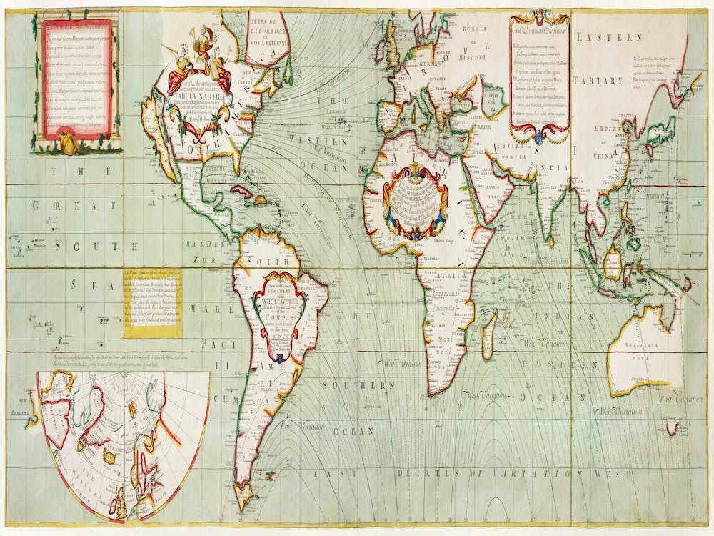Nova & Accuratissima Totius Terrarum Orbis Tabula Nautica Variationum Magneticarum Index Juxta Observationes Anno 1700 (1702–1707)