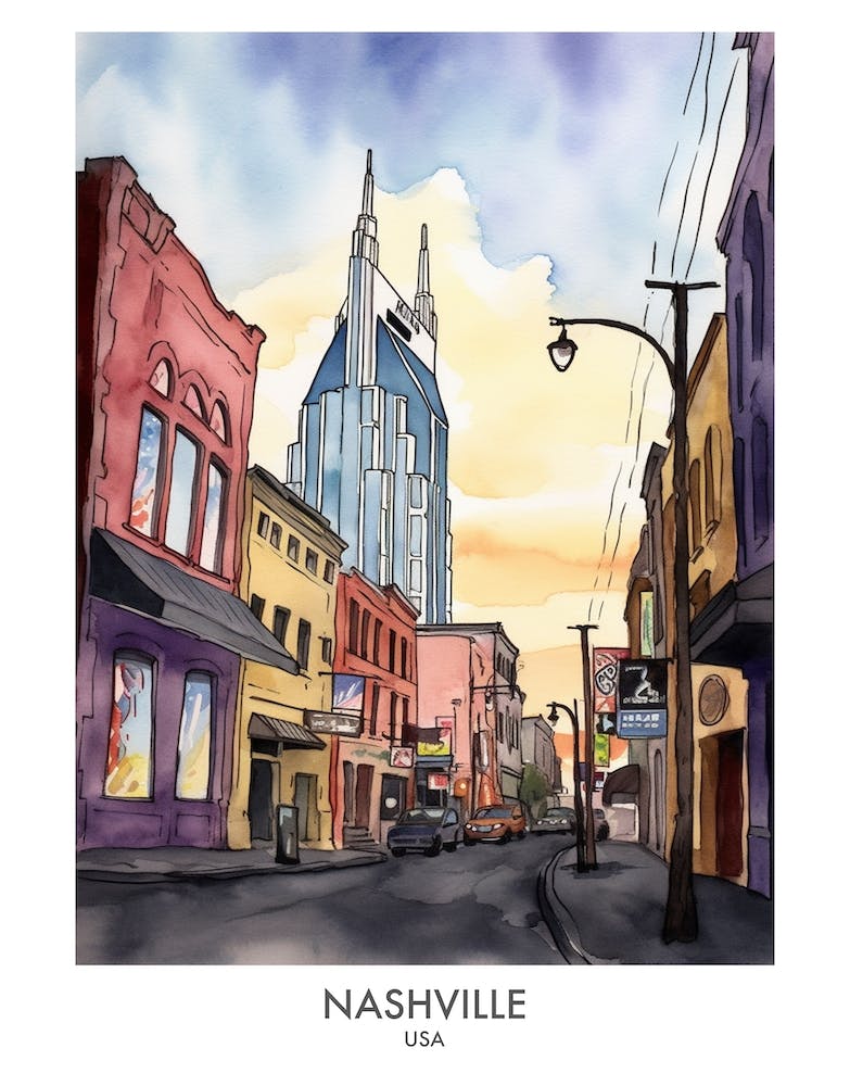 Nashville Watercolour Travel Poster 1