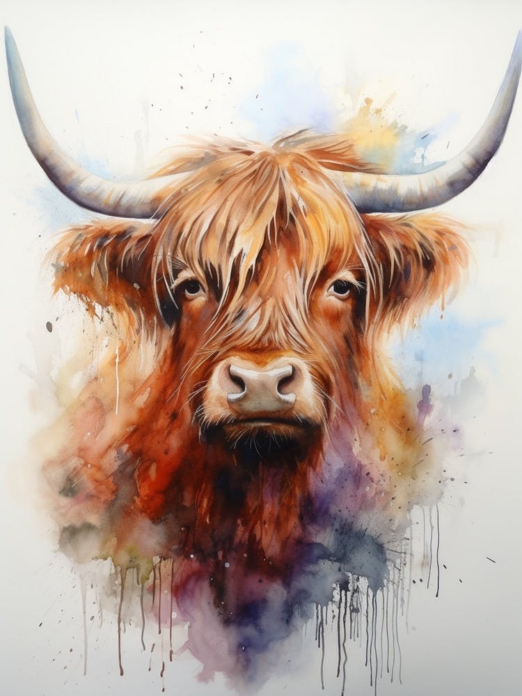 Aquarelle dégoulinante d'une Vache Highland