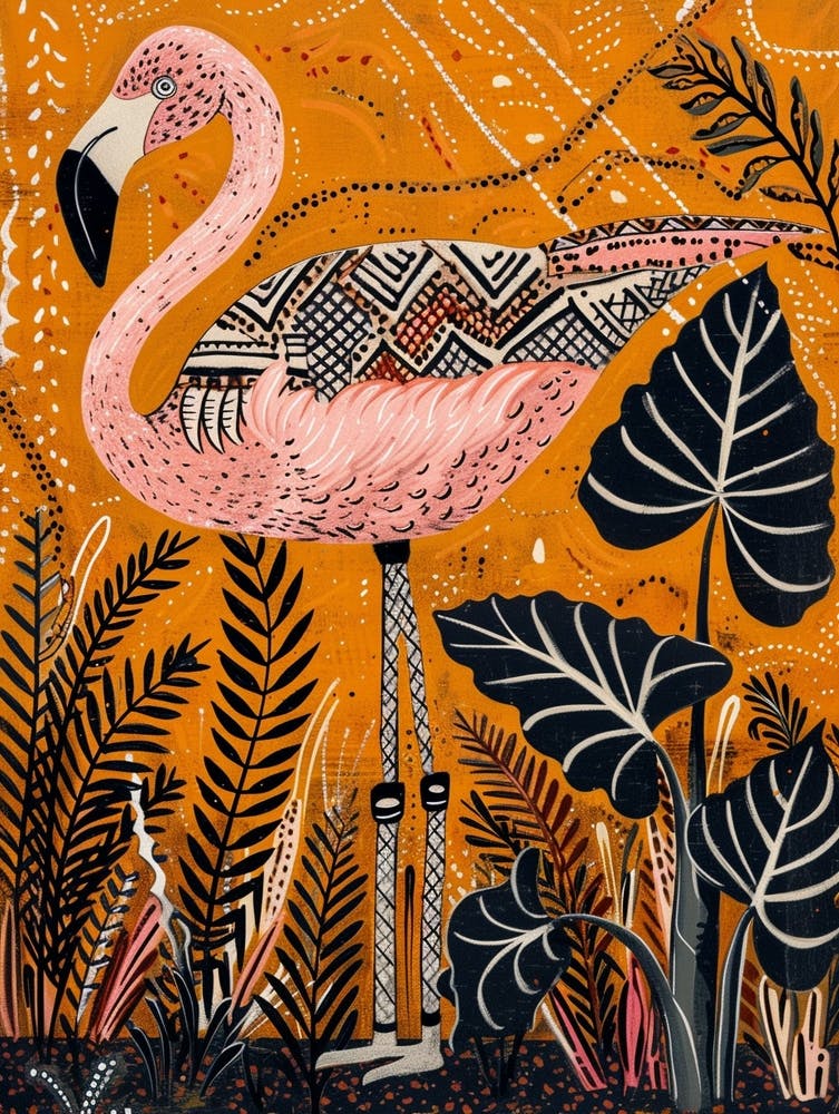 Greater Flamingo And Alocasia Elephant Ear Boho Print 4