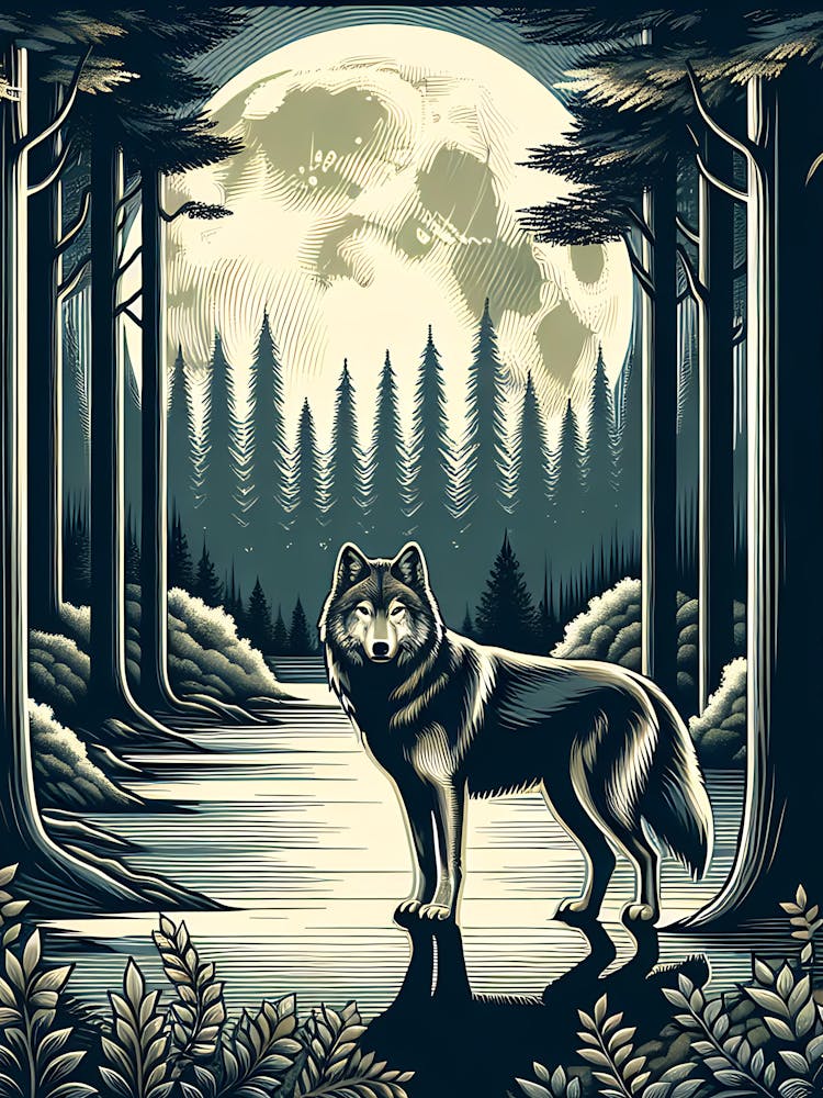 Wolf At Night Art Deco 