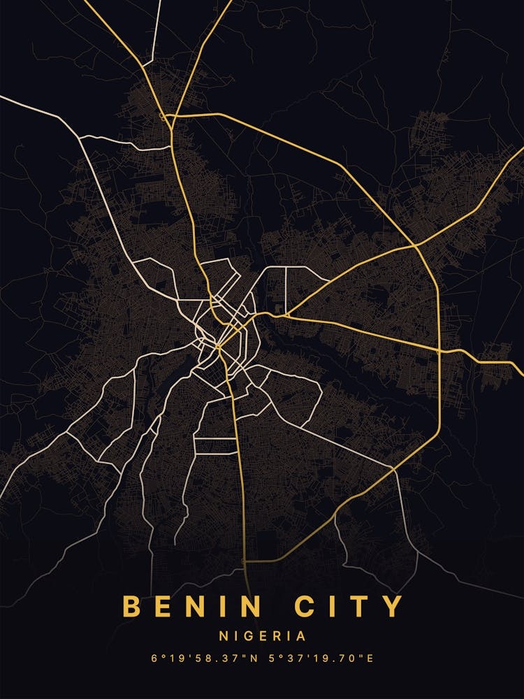 Benin City Nigeria Black And Gold Map 1