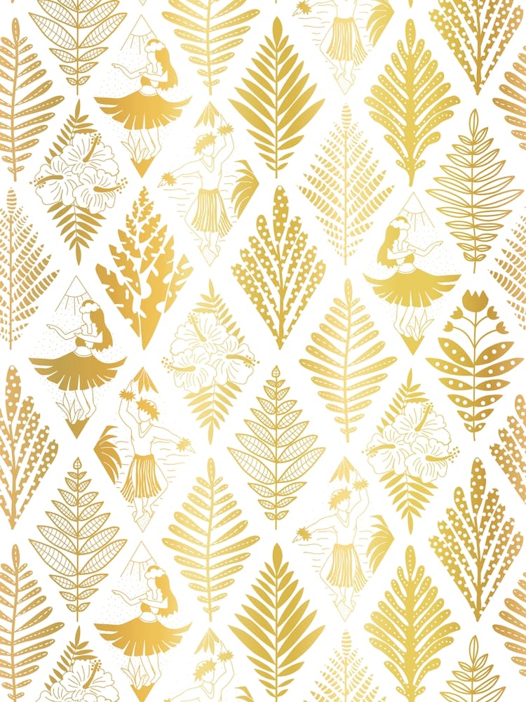 Hawaiian Hula Dancers and Botanical Rhombus Faux Gold on White