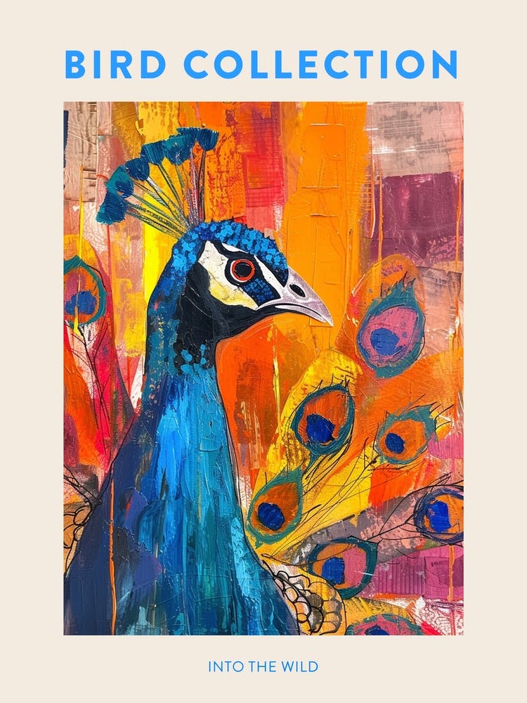 Peacock Orange Blue Mixed Media Collage Poster