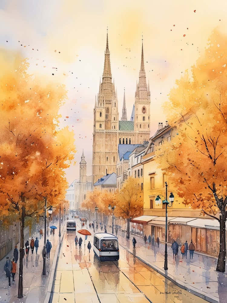 Zagreb Croatia In Autumn Fall, Watercolour 1